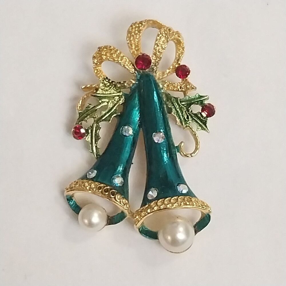 Long Two Bell Christmas Holiday Brooch Pin Holly Faux Pearls